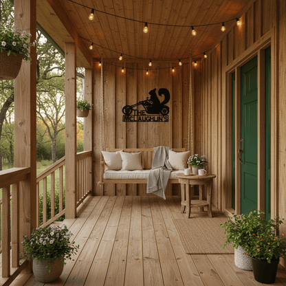 Rusty Rooster Fabrication & Design Motorcycle Squirrel Metal Wall Art with Custom Text (H9)