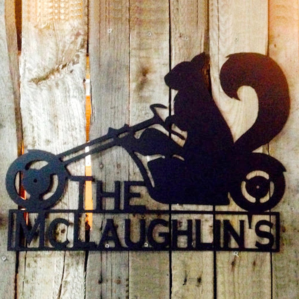 Rusty Rooster Fabrication & Design Motorcycle Squirrel Metal Wall Art with Custom Text (H9)