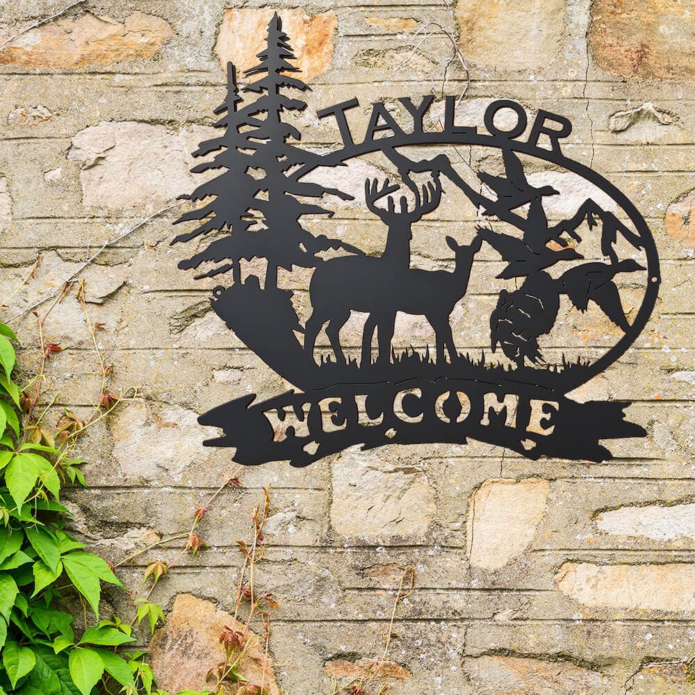 Rusty Rooster Fabrication & Design Outdoor Scene with Deer, Ducks, Turkey, and Custom Text (B26)