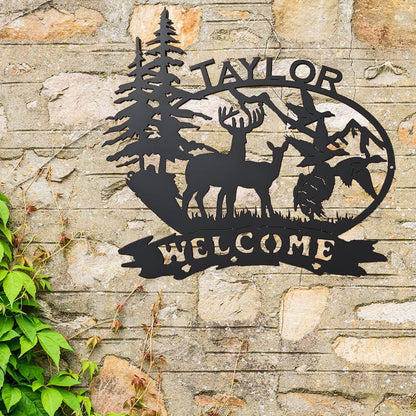 Rusty Rooster Fabrication & Design Outdoor Scene with Deer, Ducks, Turkey, and Custom Text (B26)