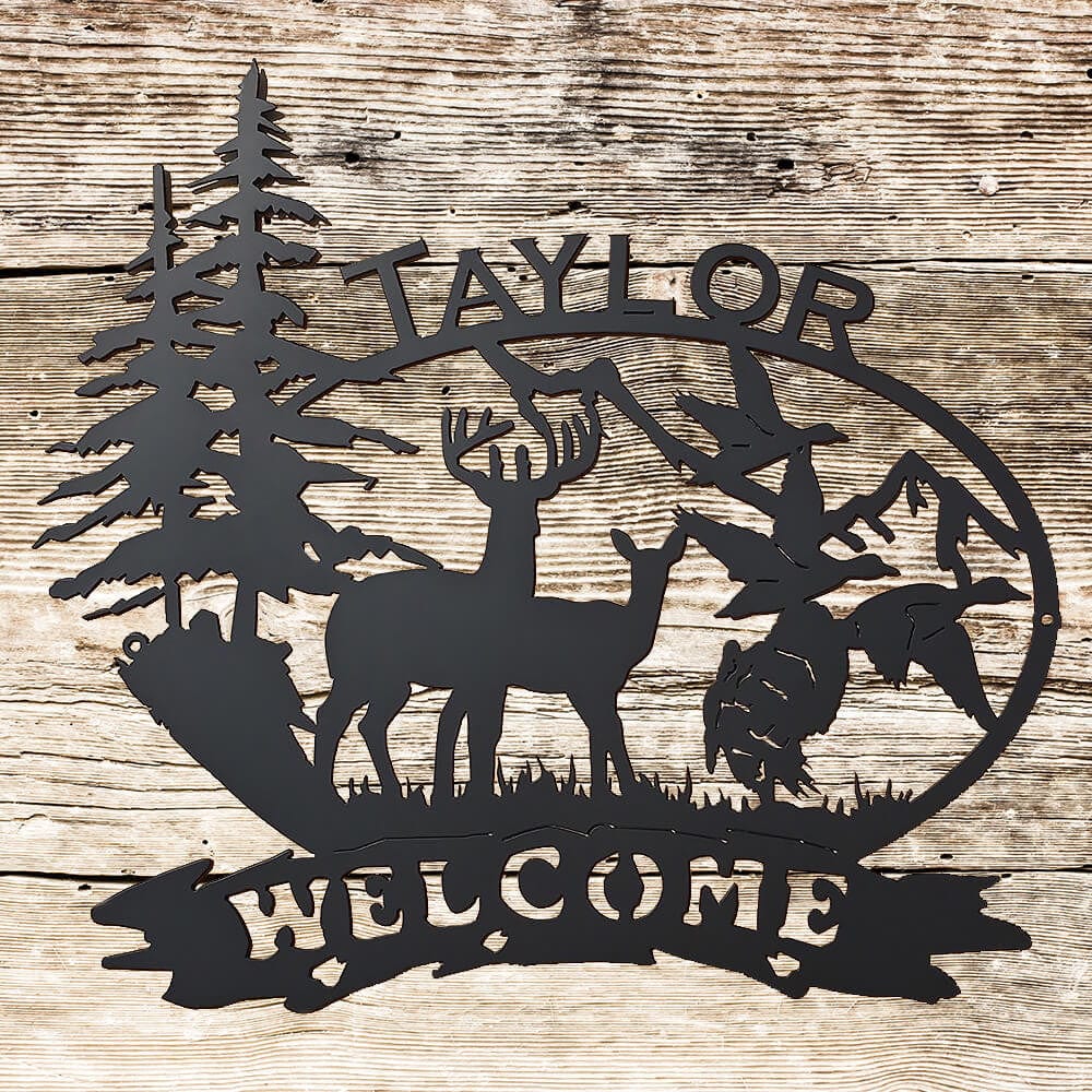 Rusty Rooster Fabrication & Design Outdoor Scene with Deer, Ducks, Turkey, and Custom Text (B26)