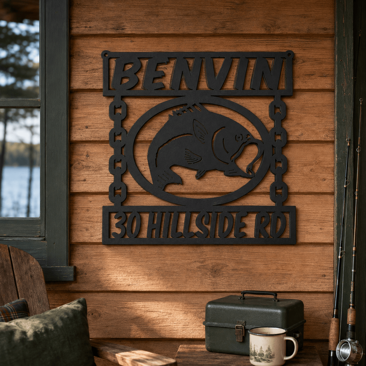 Personalized Bass Fishing Metal Sign – Custom Name & Address