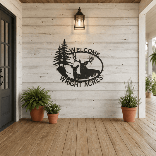 Rusty Rooster Fabrication & Design Personalized Buck & Doe Welcome Metal Sign (O9)