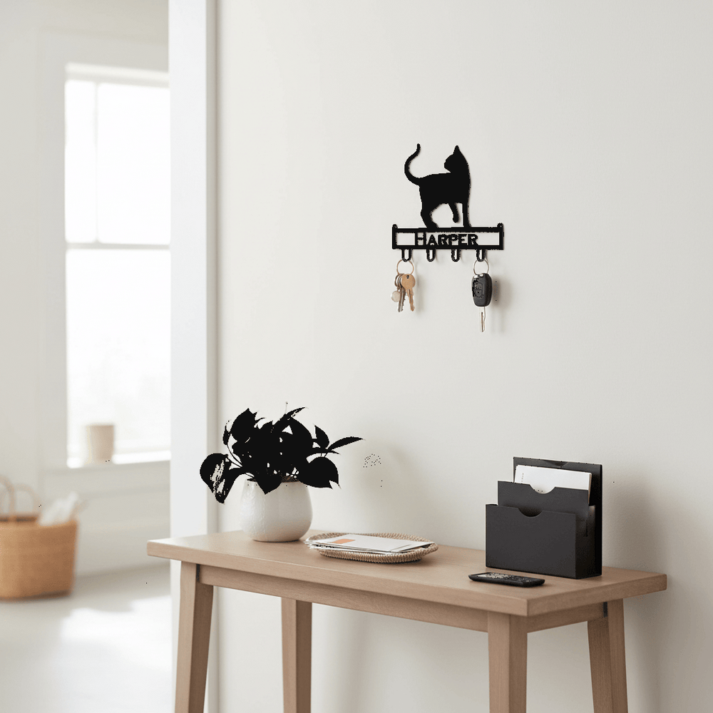 Rusty Rooster Fabrication & Design Personalized Cat Key Holder – Custom Name, 4 Hooks (S10)