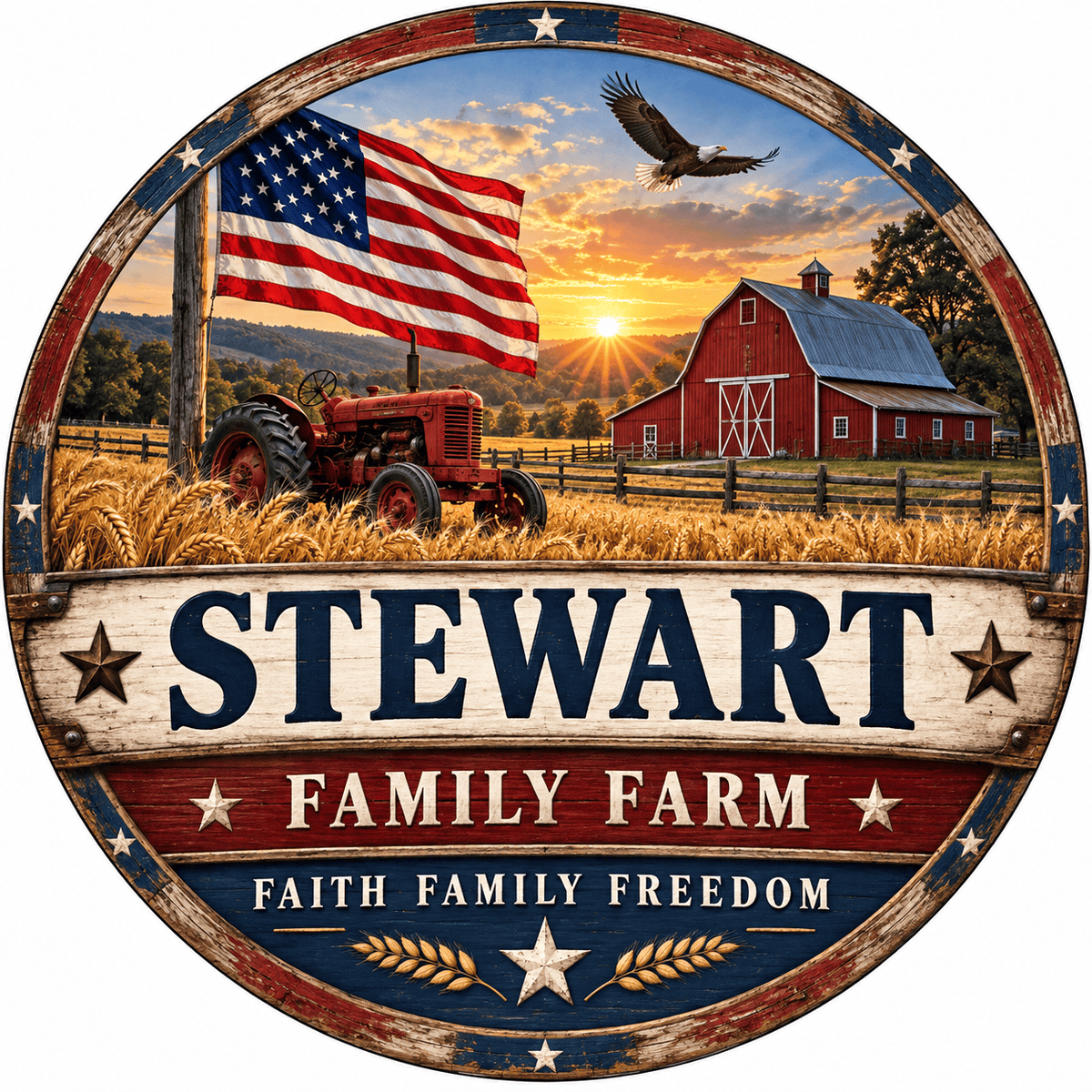 Rusty Rooster Fabrication & Design Personalized Full-Color Steel Sign Personalized American Family Farm Round Steel Sign (Sub A61)