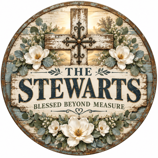 Rusty Rooster Fabrication & Design Personalized Full-Color Steel Sign Personalized Blessed Family Cross Round Steel Sign (Sub A91)