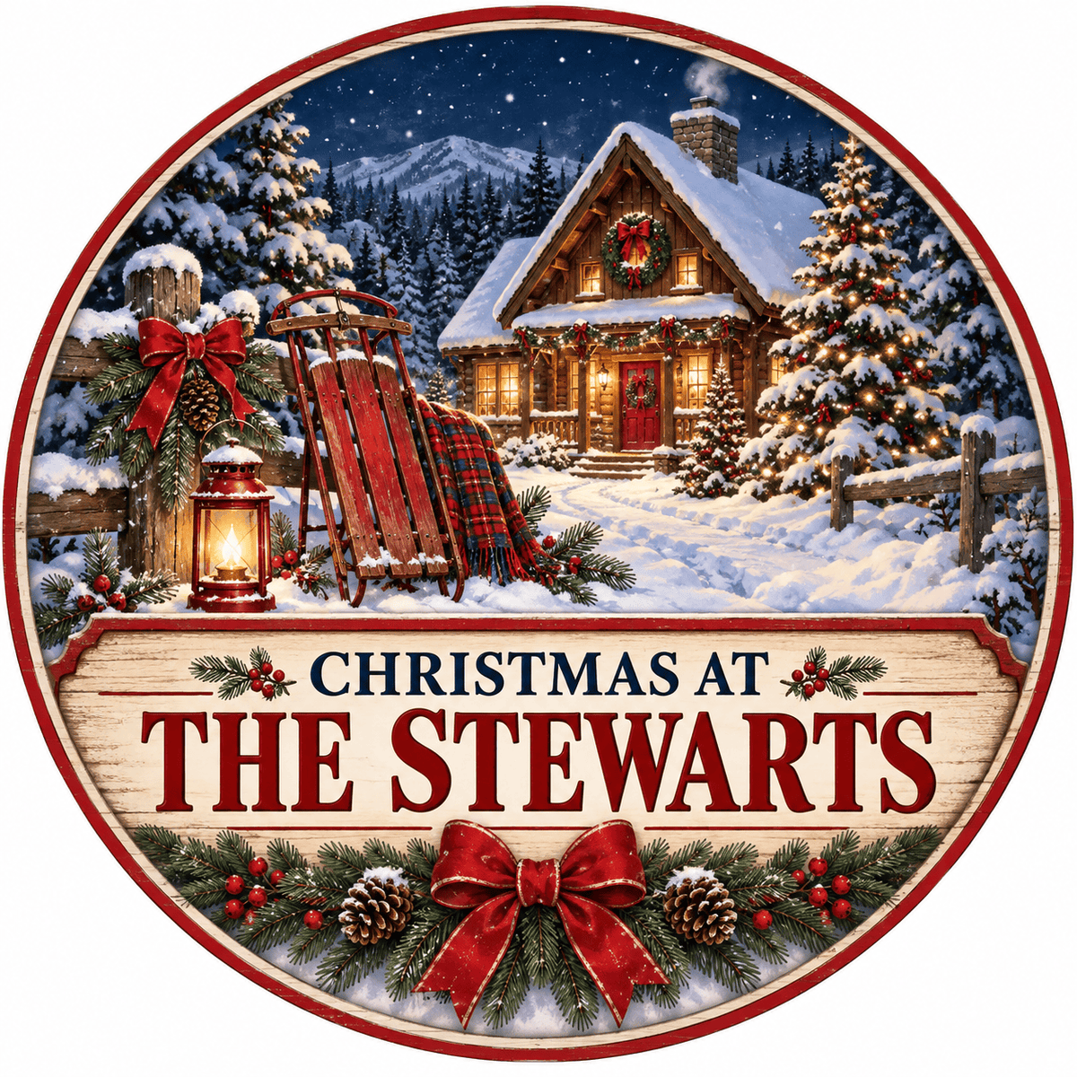 Rusty Rooster Fabrication & Design Personalized Full-Color Steel Sign Personalized Christmas Cabin Family Round Steel Sign (Sub A50)