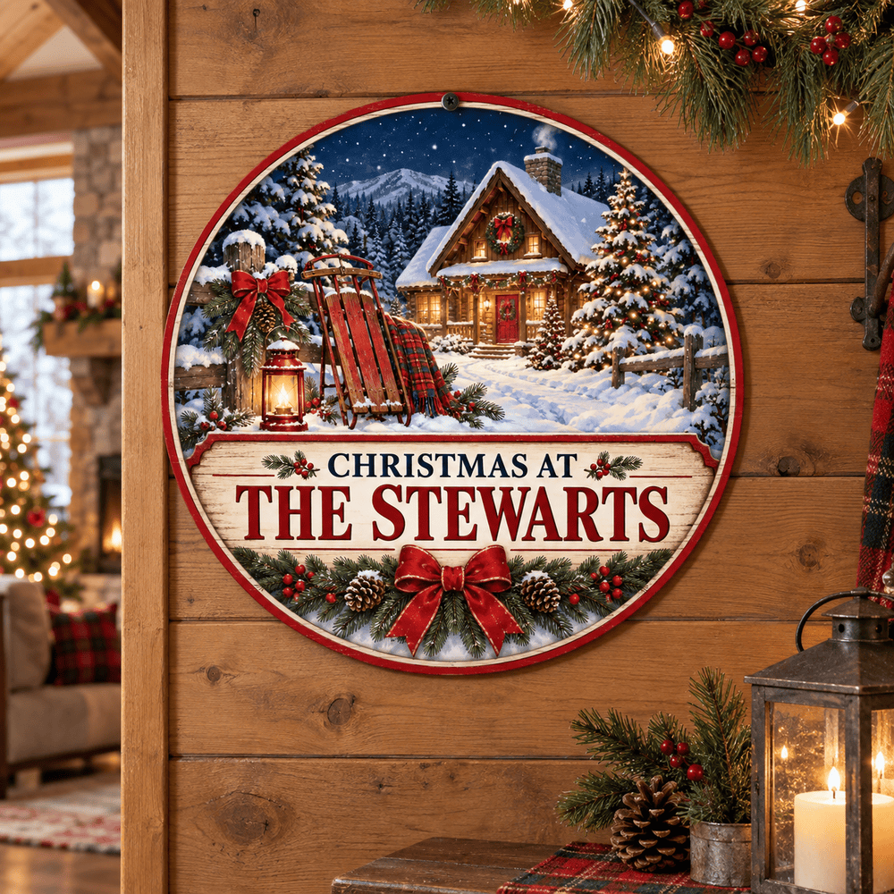 Rusty Rooster Fabrication & Design Personalized Full-Color Steel Sign Personalized Christmas Cabin Family Round Steel Sign (Sub A50)