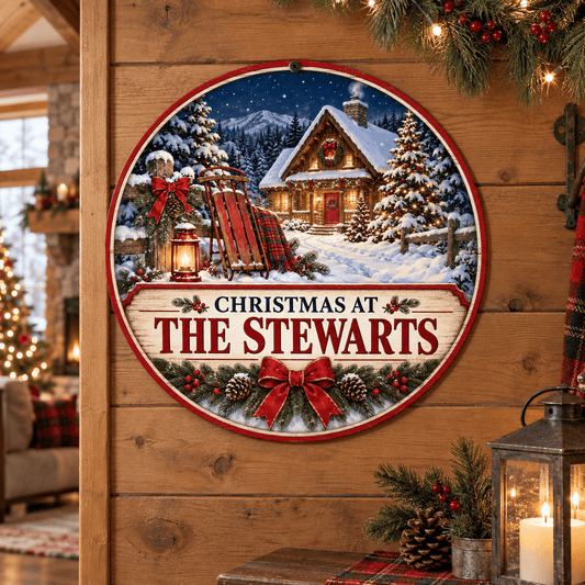 Rusty Rooster Fabrication & Design Personalized Full-Color Steel Sign Personalized Christmas Cabin Family Round Steel Sign (Sub A50)