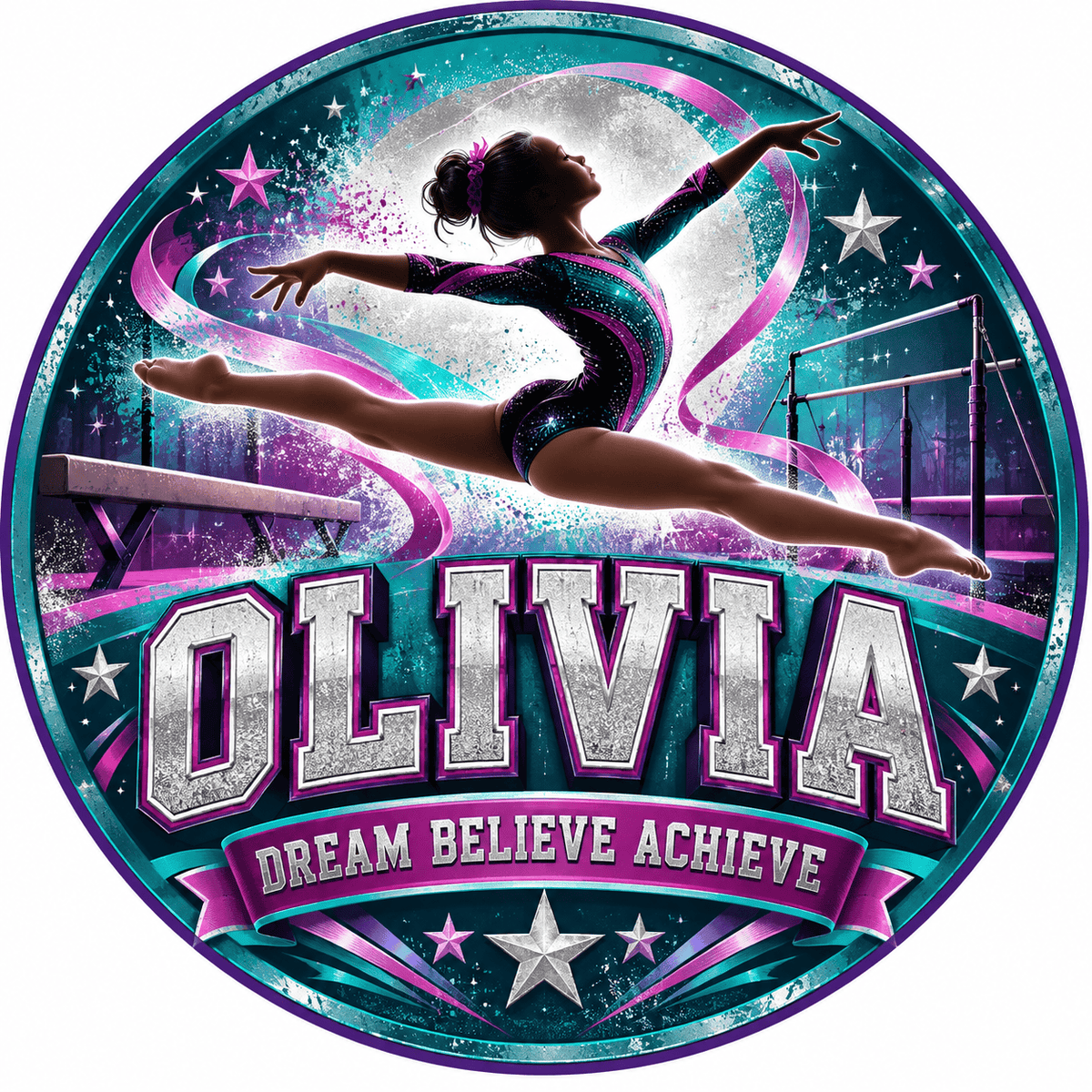 Rusty Rooster Fabrication & Design Personalized Full-Color Steel Sign Personalized Dream Believe Achieve Gymnastics Round Steel Sign (Sub A103)