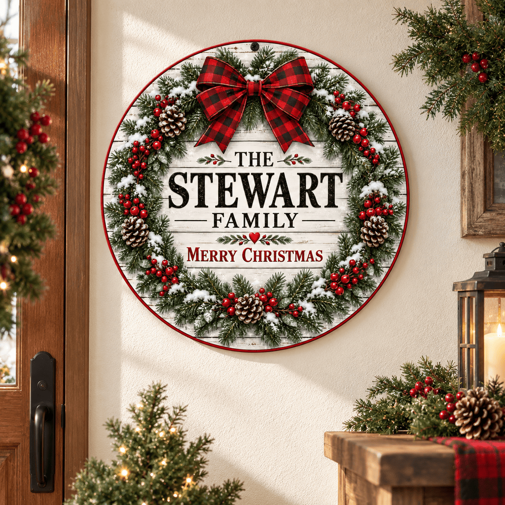 Rusty Rooster Fabrication & Design Personalized Full-Color Steel Sign Personalized Family Christmas Wreath Round Steel Sign (Sub A49)
