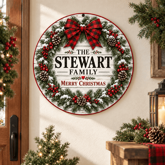 Rusty Rooster Fabrication & Design Personalized Full-Color Steel Sign Personalized Family Christmas Wreath Round Steel Sign (Sub A49)