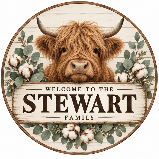 Rusty Rooster Fabrication & Design Personalized Full-Color Steel Sign Personalized Highland Cow Family Welcome Round Steel Sign (Sub A12)