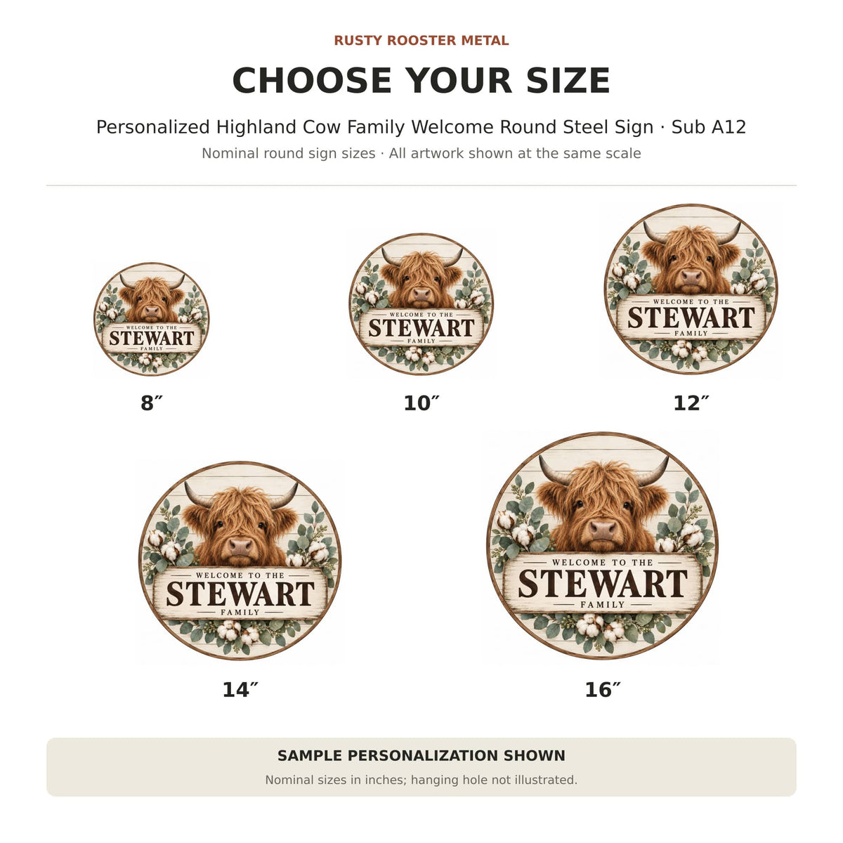 Rusty Rooster Fabrication & Design Personalized Full-Color Steel Sign Personalized Highland Cow Family Welcome Round Steel Sign (Sub A12)
