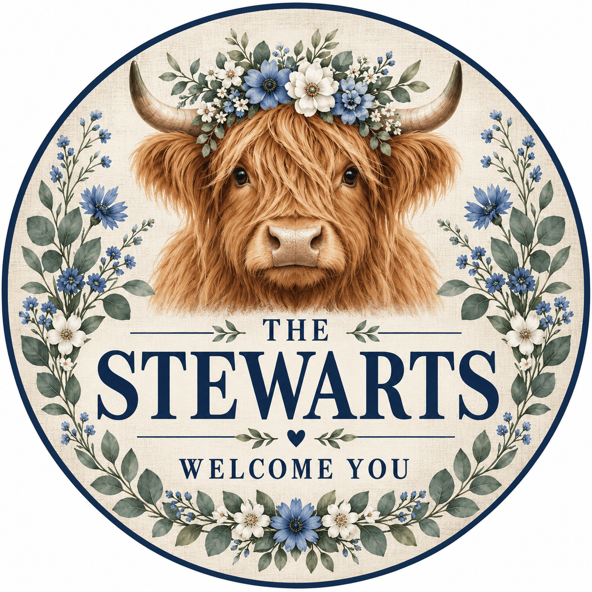 Rusty Rooster Fabrication & Design Personalized Full-Color Steel Sign Personalized Highland Cow Floral Family Welcome Round Steel Sign (Sub A13)