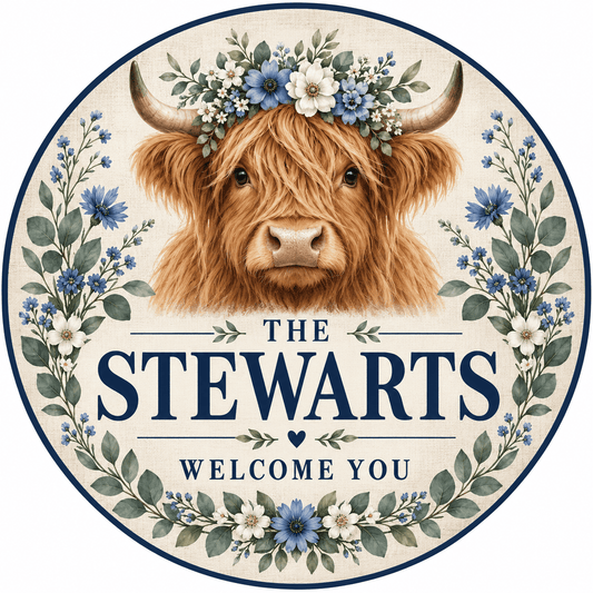 Rusty Rooster Fabrication & Design Personalized Full-Color Steel Sign Personalized Highland Cow Floral Family Welcome Round Steel Sign (Sub A13)