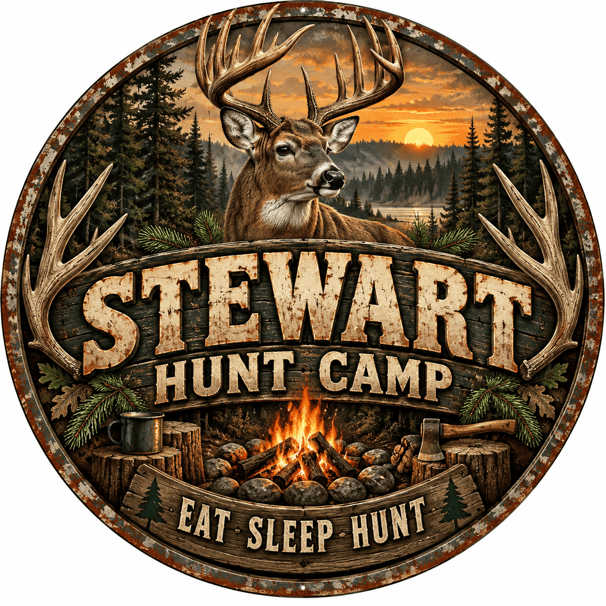 Rusty Rooster Fabrication & Design Personalized Full-Color Steel Sign Personalized Hunt Camp Round Steel Sign (Sub A71)