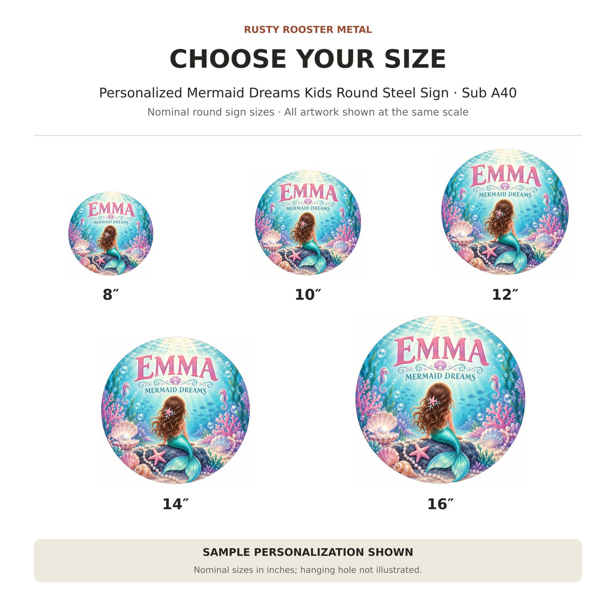 Rusty Rooster Fabrication & Design Personalized Full-Color Steel Sign Personalized Mermaid Dreams Kids Round Steel Sign (Sub A40)