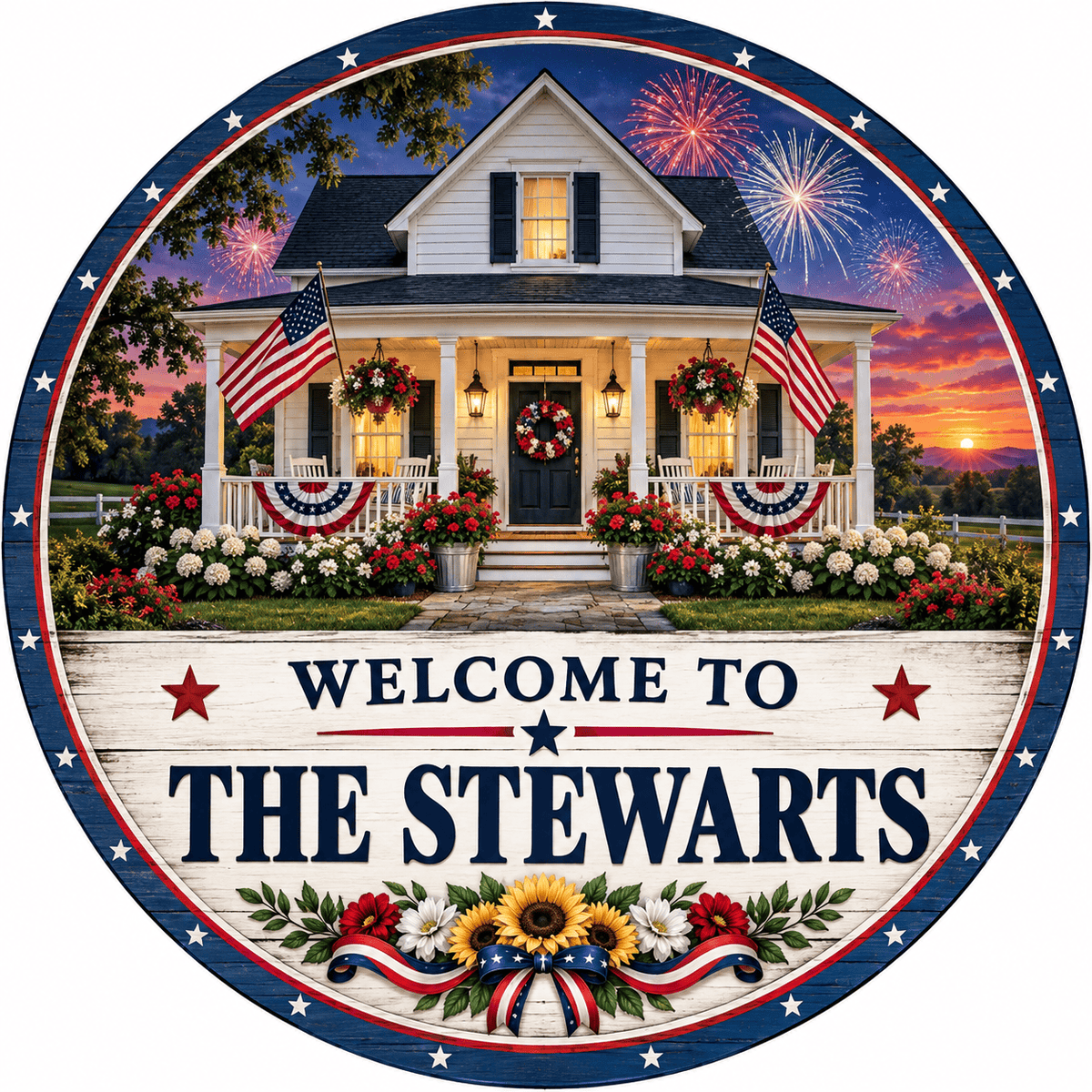 Rusty Rooster Fabrication & Design Personalized Full-Color Steel Sign Personalized Patriotic Family Welcome Round Steel Sign (Sub A60)