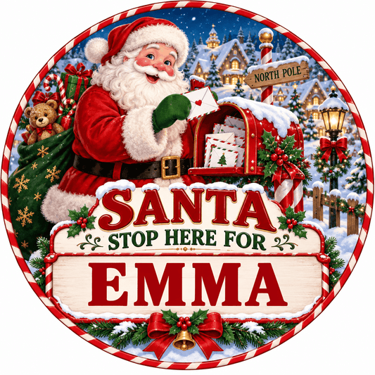 Rusty Rooster Fabrication & Design Personalized Full-Color Steel Sign Personalized Santa Stop Here Kids Round Steel Sign (Sub A52)