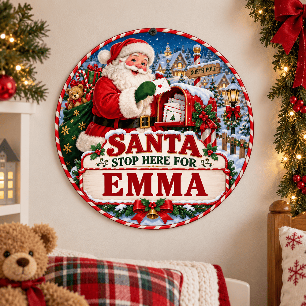 Rusty Rooster Fabrication & Design Personalized Full-Color Steel Sign Personalized Santa Stop Here Kids Round Steel Sign (Sub A52)
