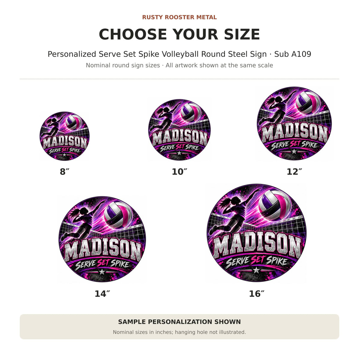Rusty Rooster Fabrication & Design Personalized Full-Color Steel Sign Personalized Serve Set Spike Volleyball Round Steel Sign (Sub A109)