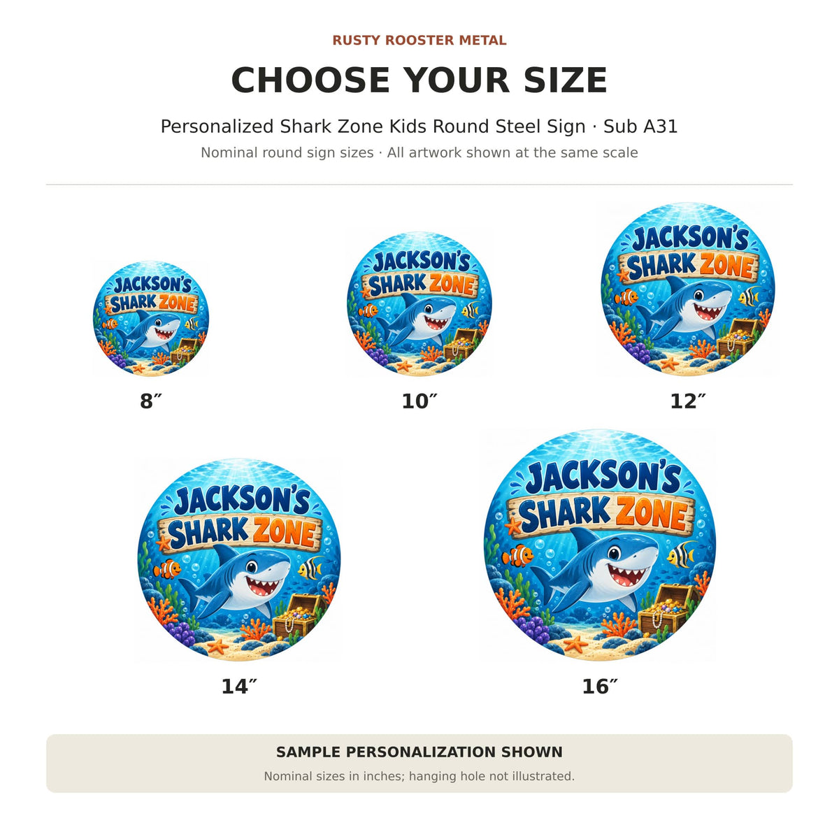 Rusty Rooster Fabrication & Design Personalized Full-Color Steel Sign Personalized Shark Zone Kids Round Steel Sign (Sub A31)