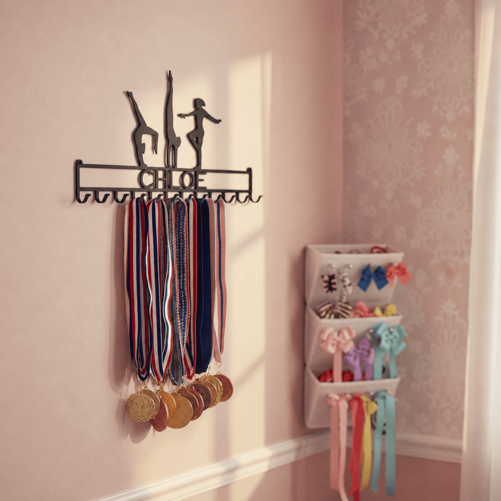Rusty Rooster Fabrication & Design Personalized Girls Gymnastics Medal Rack – Custom Name Display (U1)