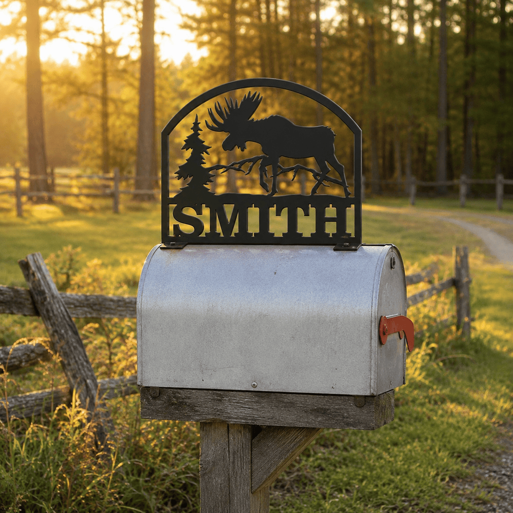 Rusty Rooster Fabrication & Design Personalized Moose Metal Mailbox Topper – Custom Family Name Sign (D30)