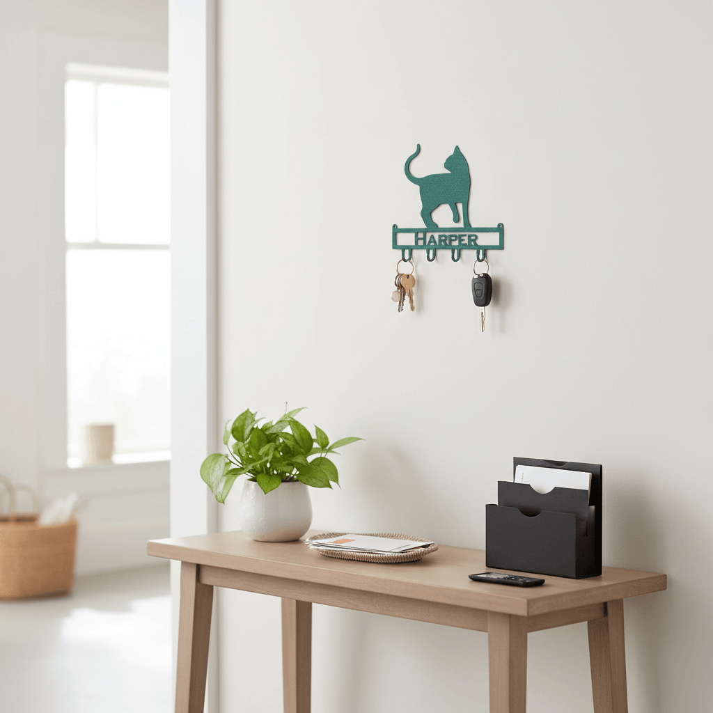 Rusty Rooster Fabrication & Design Personalized Purrfection: Cat with Custom Text Key Holder - Keep Your Keys in Feline Style!  (S10)