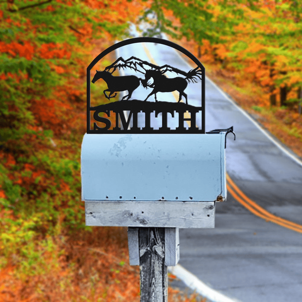 Rusty Rooster Fabrication & Design Personalized Running Horses and Mountains Mailbox Topper (D37)