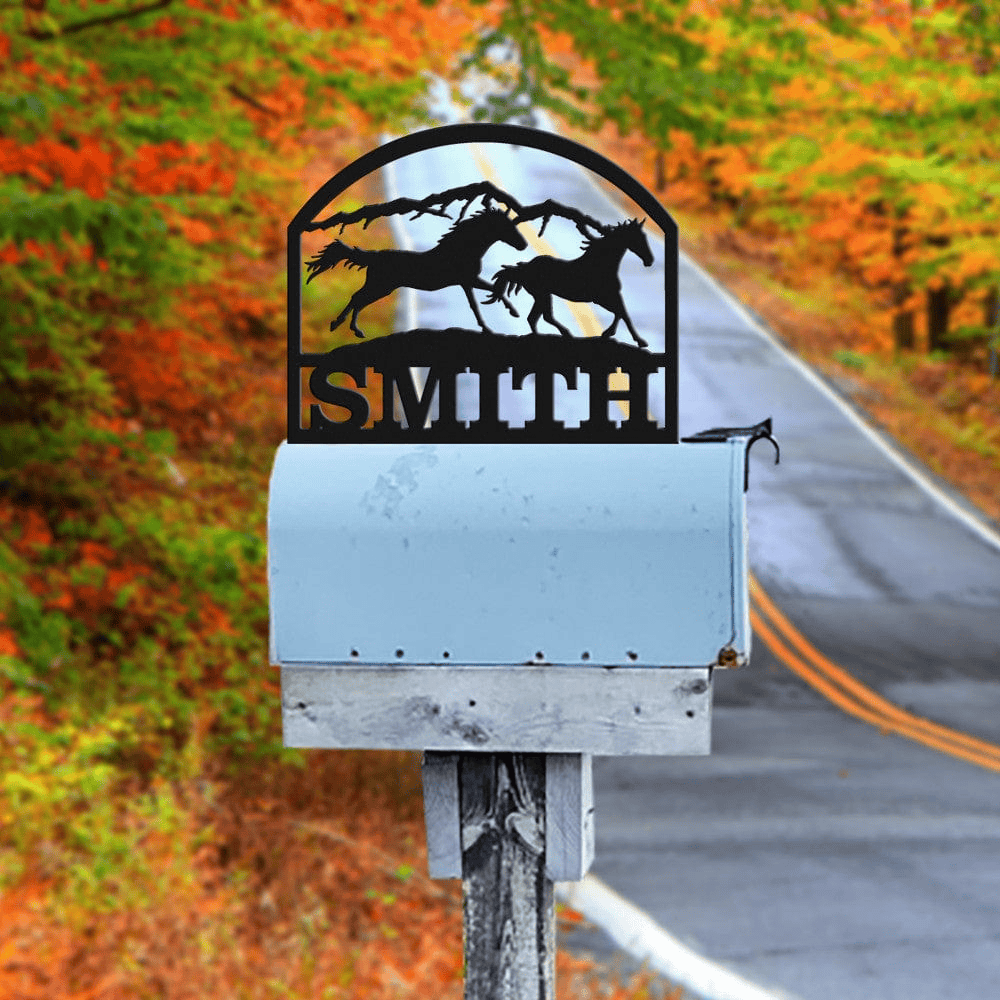 Rusty Rooster Fabrication & Design Personalized Running Horses Metal Mailbox Topper (D38)