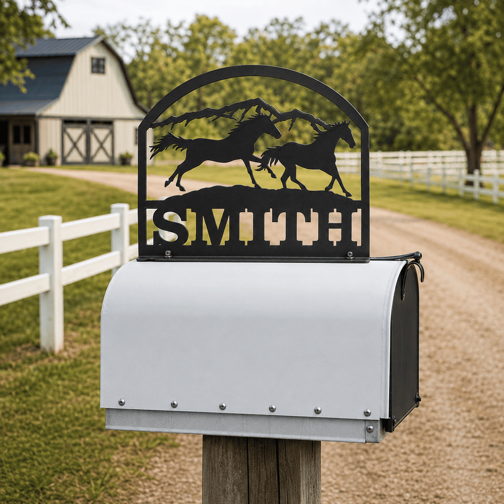 Rusty Rooster Fabrication & Design Personalized Running Horses Metal Mailbox Topper (D38)