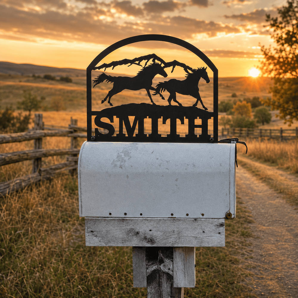 Rusty Rooster Fabrication & Design Personalized Running Horses Metal Mailbox Topper (D38)