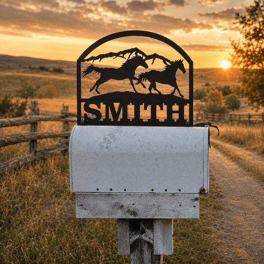 Rusty Rooster Fabrication & Design Personalized Running Horses Metal Mailbox Topper (D38)
