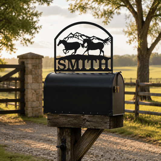 Rusty Rooster Fabrication & Design Personalized Running Horses & Mountains Mailbox Topper (D37)