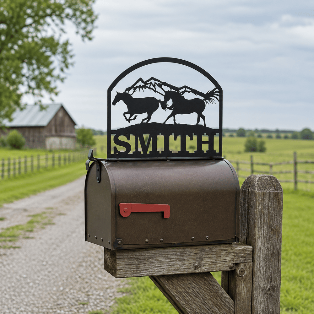 Rusty Rooster Fabrication & Design Personalized Running Horses & Mountains Mailbox Topper (D37)