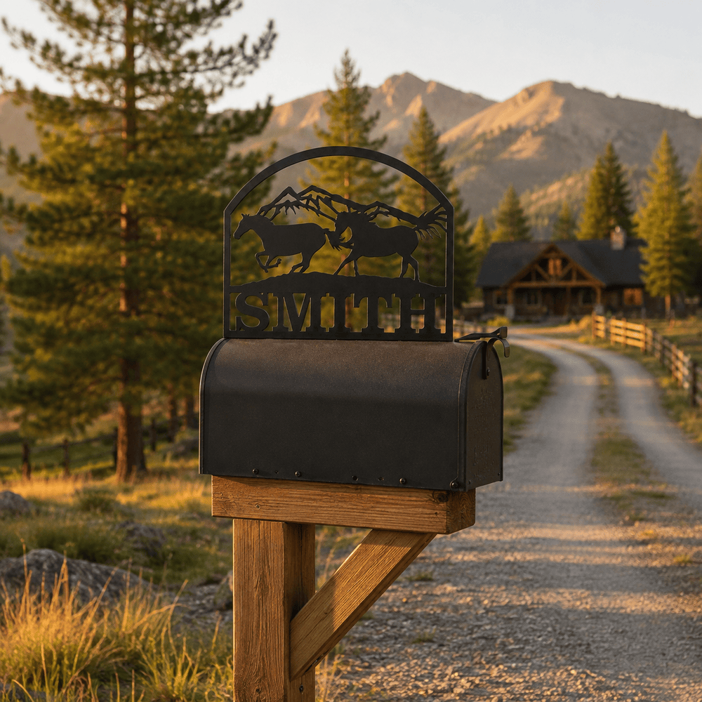 Rusty Rooster Fabrication & Design Personalized Running Horses & Mountains Mailbox Topper (D37)