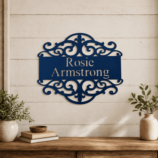 Rusty Rooster Fabrication & Design Personalized Scrollwork Metal Name Sign (J30)