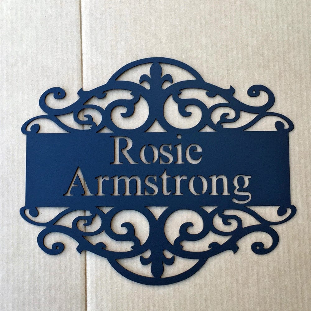 Metal Personalized Sign with Fancy Scroll Design - Rusty Rooster Metal