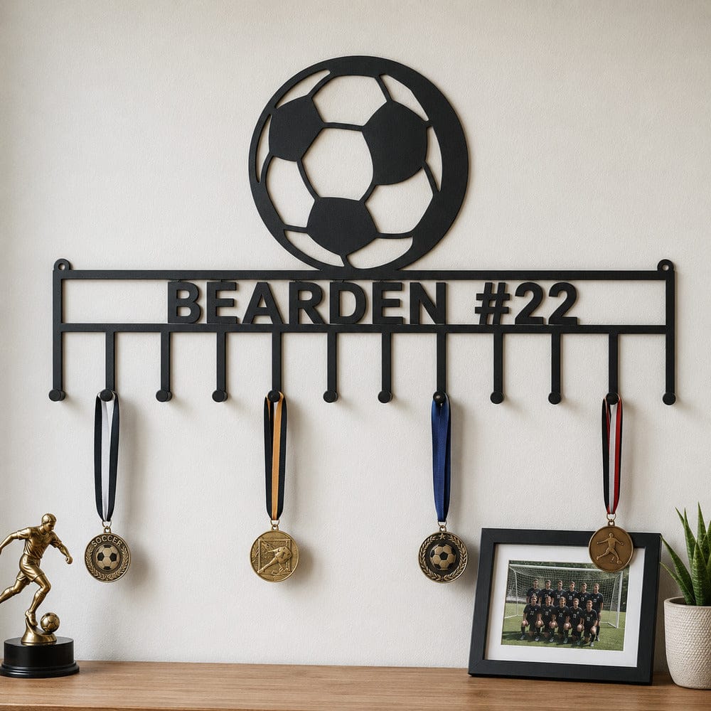 Rusty Rooster Fabrication & Design Personalized Soccer Medal Display Rack – Custom Name & Number (S5)
