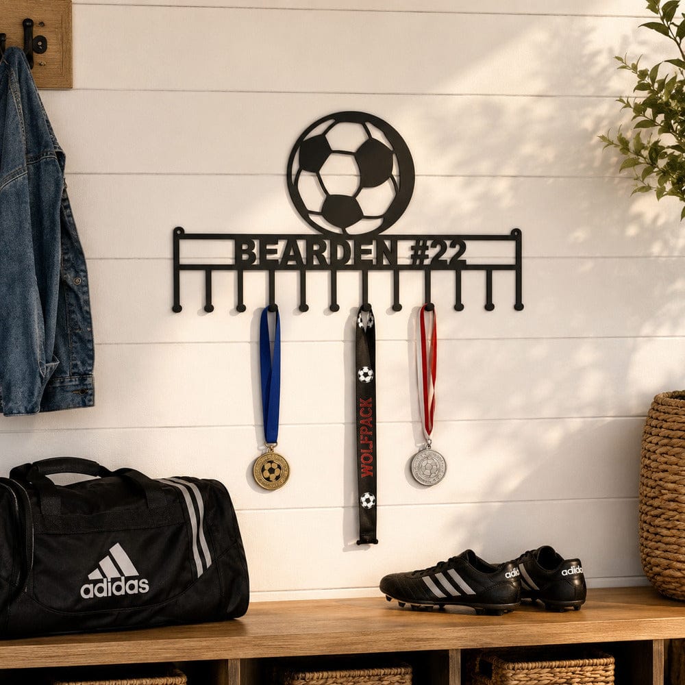 Rusty Rooster Fabrication & Design Personalized Soccer Medal Display Rack – Custom Name & Number (S5)