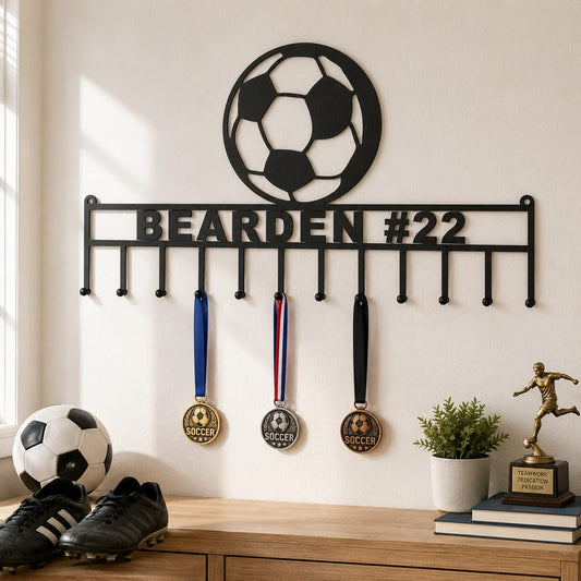 Rusty Rooster Fabrication & Design Personalized Soccer Medal Display Rack – Custom Name & Number (S5)