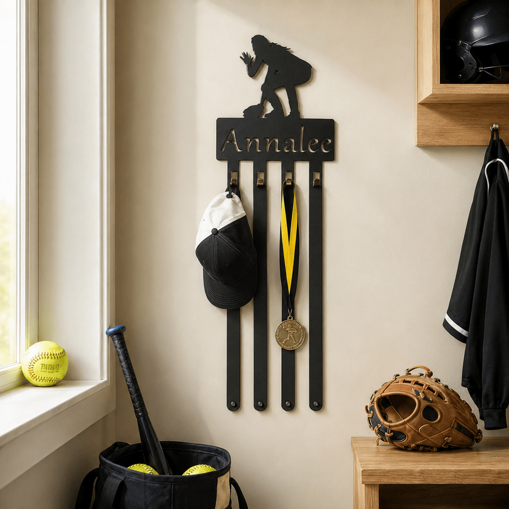 Rusty Rooster Fabrication & Design Personalized Softball Player Rack with 4 Hooks (P27)