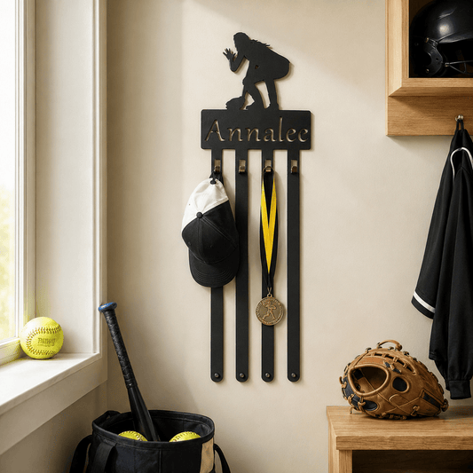 Rusty Rooster Fabrication & Design Personalized Softball Player Rack with 4 Hooks (P27)