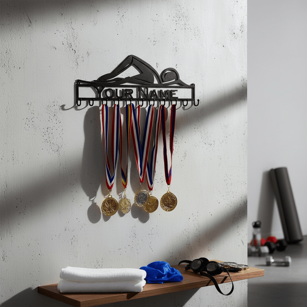 Rusty Rooster Fabrication & Design Personalized Swimming Lover’s Sign & Medal Rack (D14)