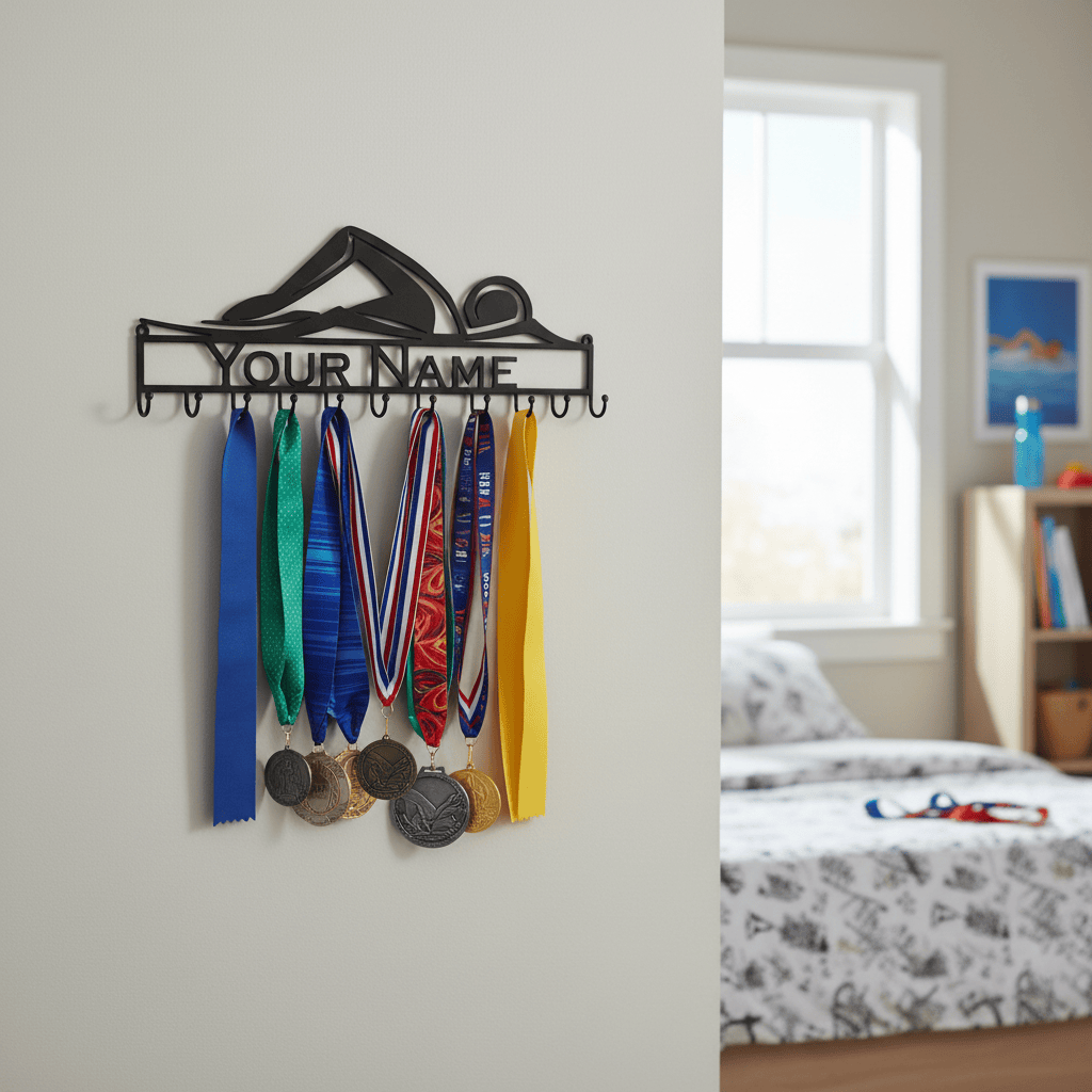 Rusty Rooster Fabrication & Design Personalized Swimming Lover’s Sign & Medal Rack (D14)