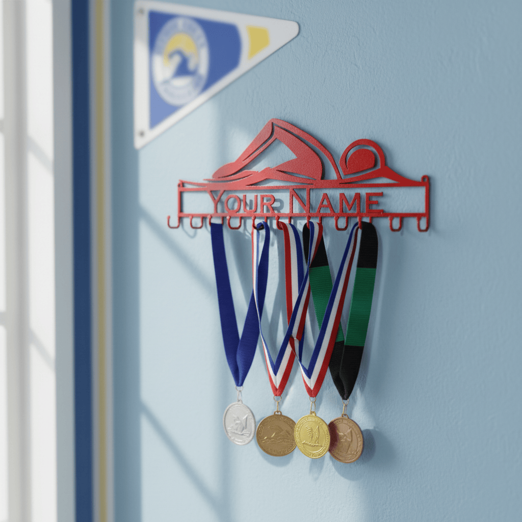Rusty Rooster Fabrication & Design Personalized Swimming Lover’s Sign & Medal Rack (D14)