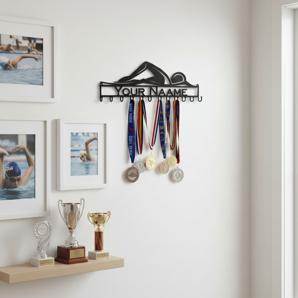 Rusty Rooster Fabrication & Design Personalized Swimming Lover’s Sign & Medal Rack (D14)