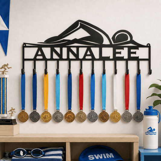 Rusty Rooster Fabrication & Design Personalized Swimming Medal Rack – Custom Swimmer Display (D14)